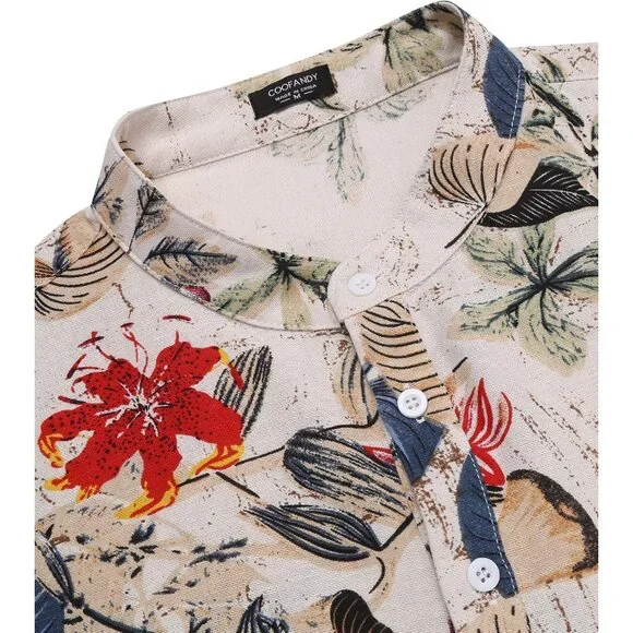 Men's Khaki Floral Cotton Linen Henley T-shirt Long Sleeve Casual Beach Button - Picture 6 of 8